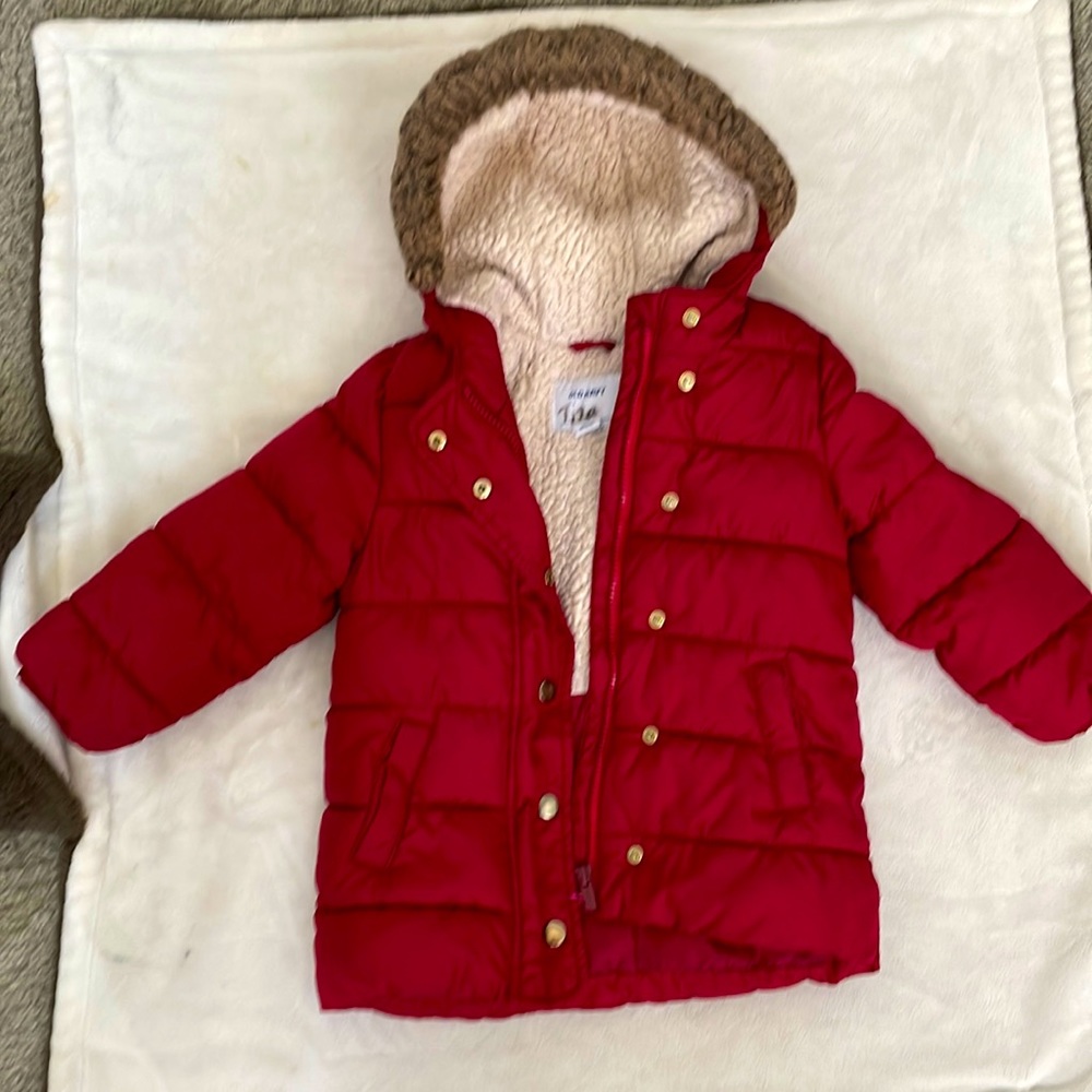 Red winter coat with hood 3T
